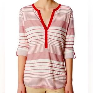 Sanctuary Roll Tab Sleeve VNeck Top Womens XS Raised Red White Striped